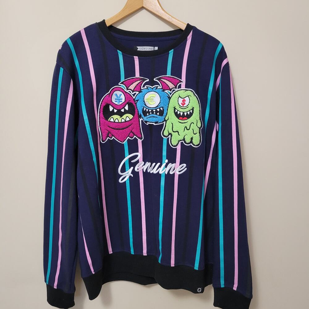 Genuine Article Men's L Streetwear Money Monsters Pullover Sweatshirt Stripe